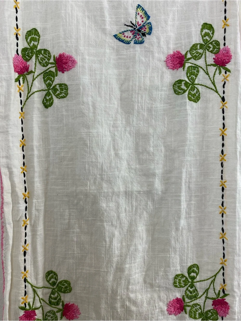 Vintage Embroidered Table Runner with Butterflies & Flowers